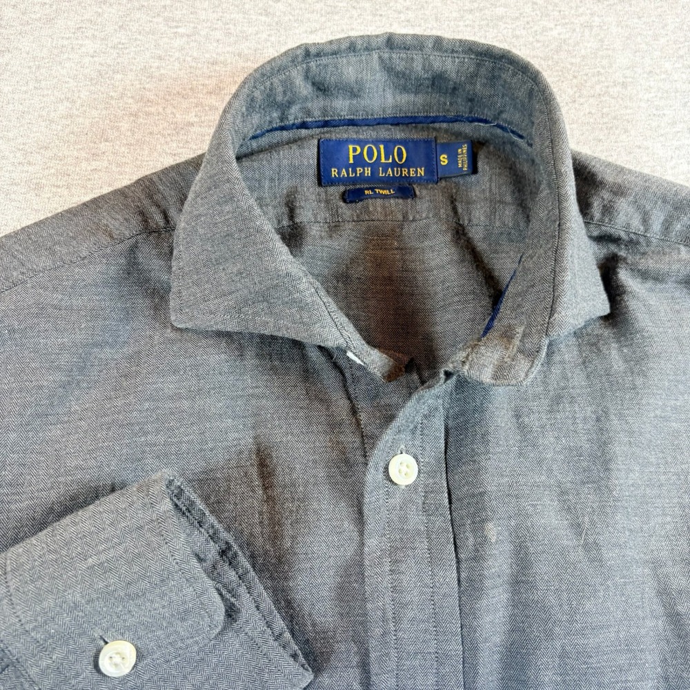 Polo Ralph Lauren Button Down Mens S Grey Herringbone RL Twill Long Sleeve Shirt